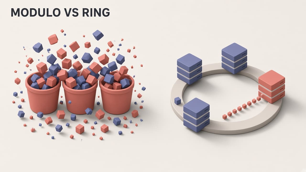Three buckets of cubes flying everywhere on the left, and a quiet server ring on the right where only one short line of cubes moves.